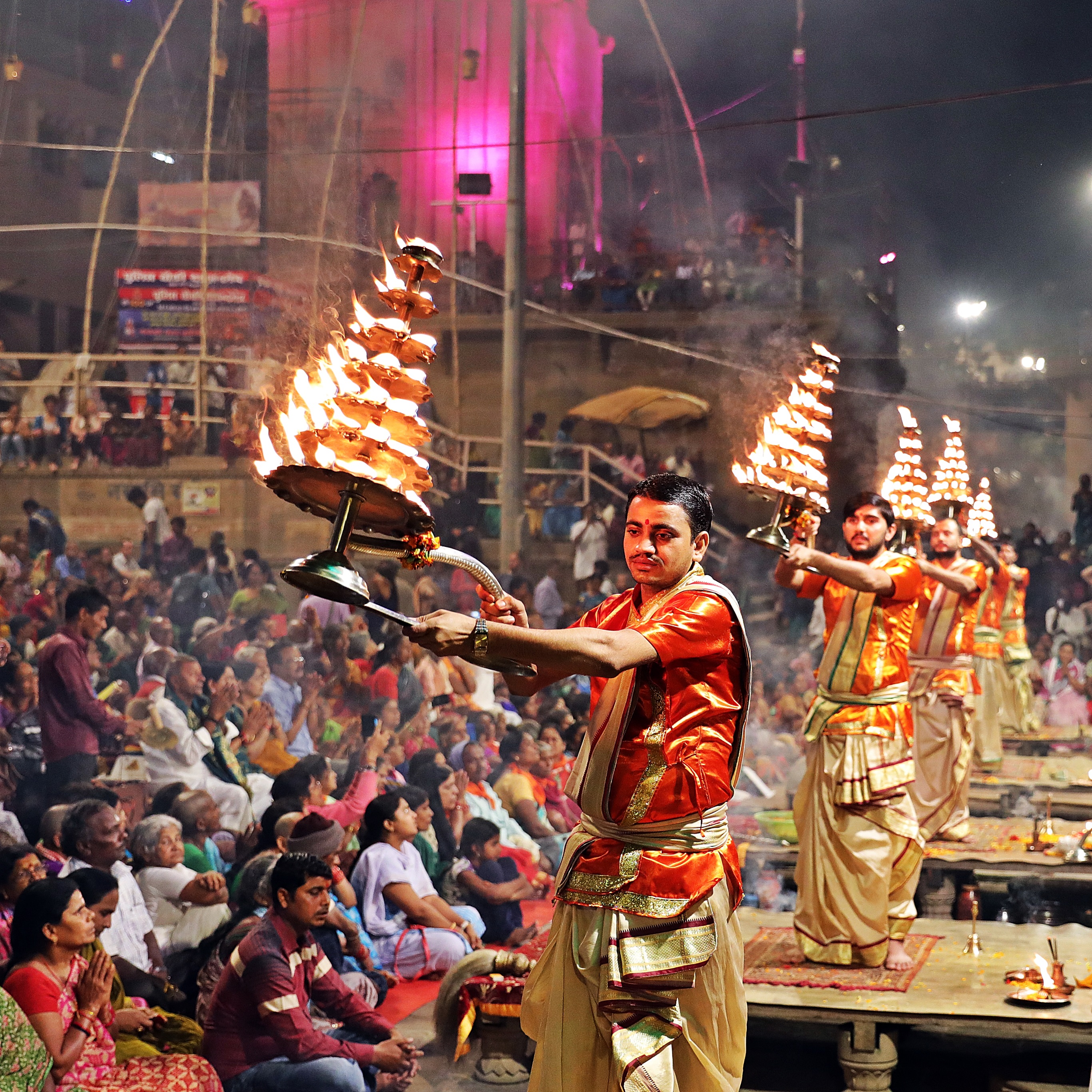 Pundits choreography with candelabras, Ganga Aarti, Varanasi, India