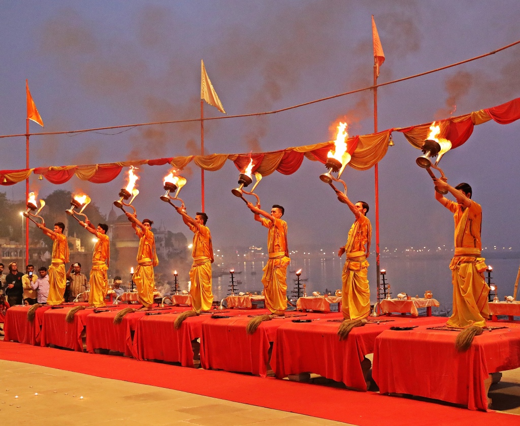 Pundits with fire lanterns, Ganga Aarti, Varanasi