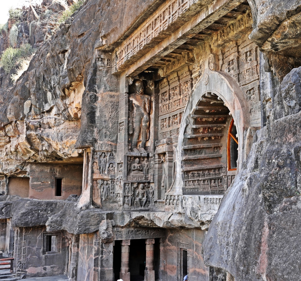 Buddhist rock-cut temple facade, Ajanta