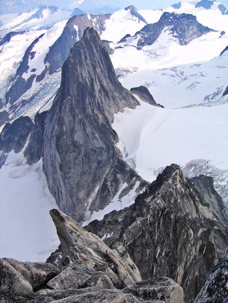 View from Bugaboo summit of Snowpatch Spire