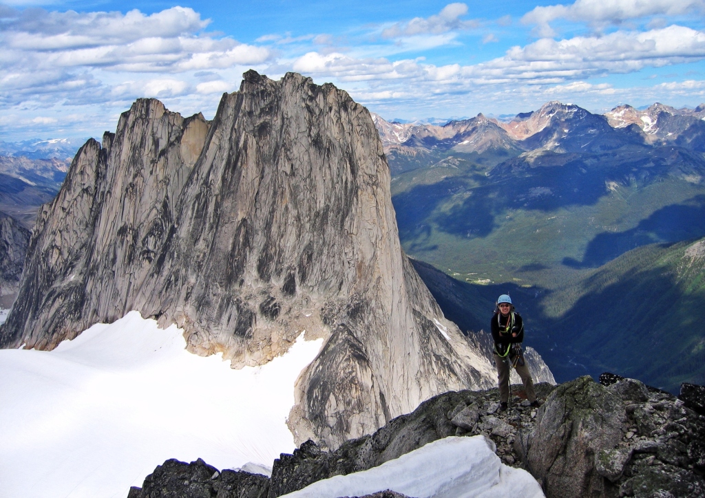 Near the summit of Pigeon Spire with Snowpatch behind, Bugaboos