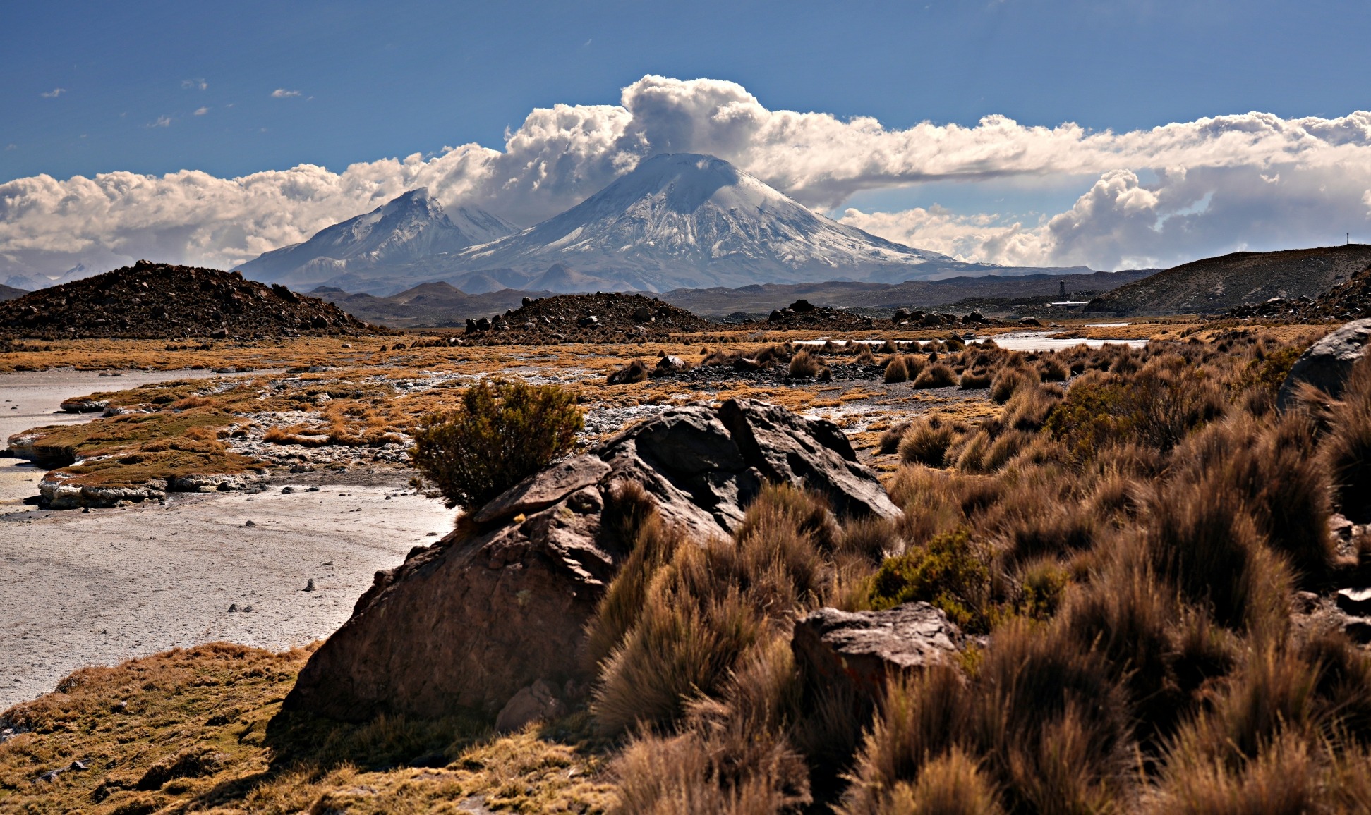 Parinacota and Pomerape Volcanoes, Bofedal Wetlands, Lauca National Park, Chile