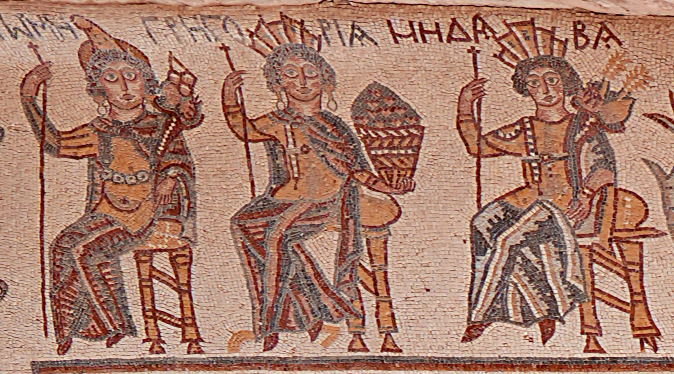Tyche as three cities, Hippolytus Hall Mosaic, Madaba Archaeological Park, Madaba, Jordan